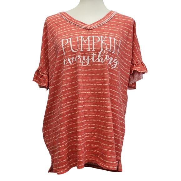 Hand Printed Upcycled Womens Large Pumpkin Everything Ruffled Sleeve Tee Shirt - Picture 1 of 5